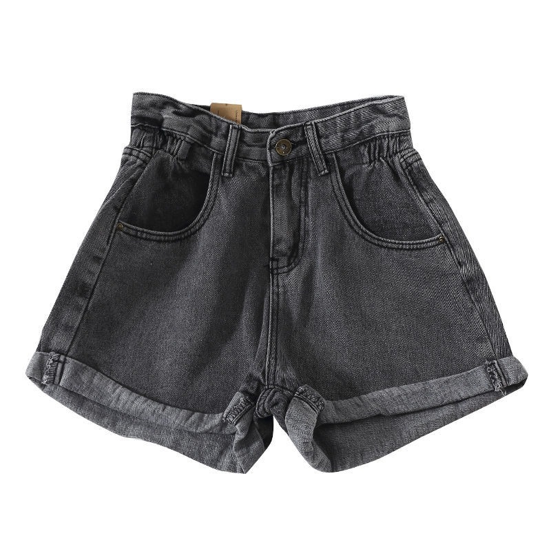 Picture of Elelasticated High Waist Denim Shorts Women's Slim Look Summer 2021 New Korean Style Loose Wide Leg Pants Student Curling Hot Pants Trendy