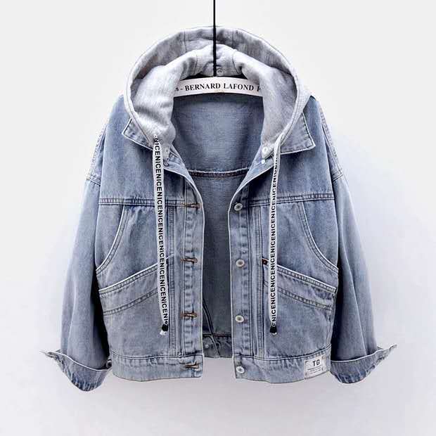 2025 Spring and Autumn Korean Style Loose Short Denim Tops Women's Bf Style Commuting Long Sleeve Hooded Tops Multi-Pocket Top