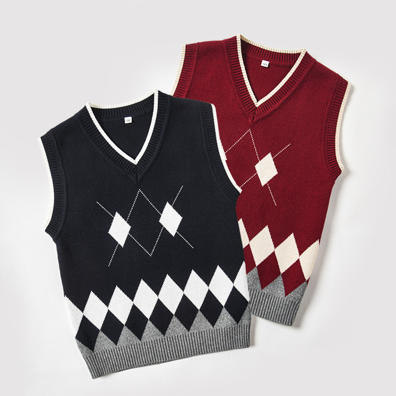 Picture of Children's knitted waistcoat vest for boys and girls wool v-neck sweater pullover cotton student school uniform a generation of hair
