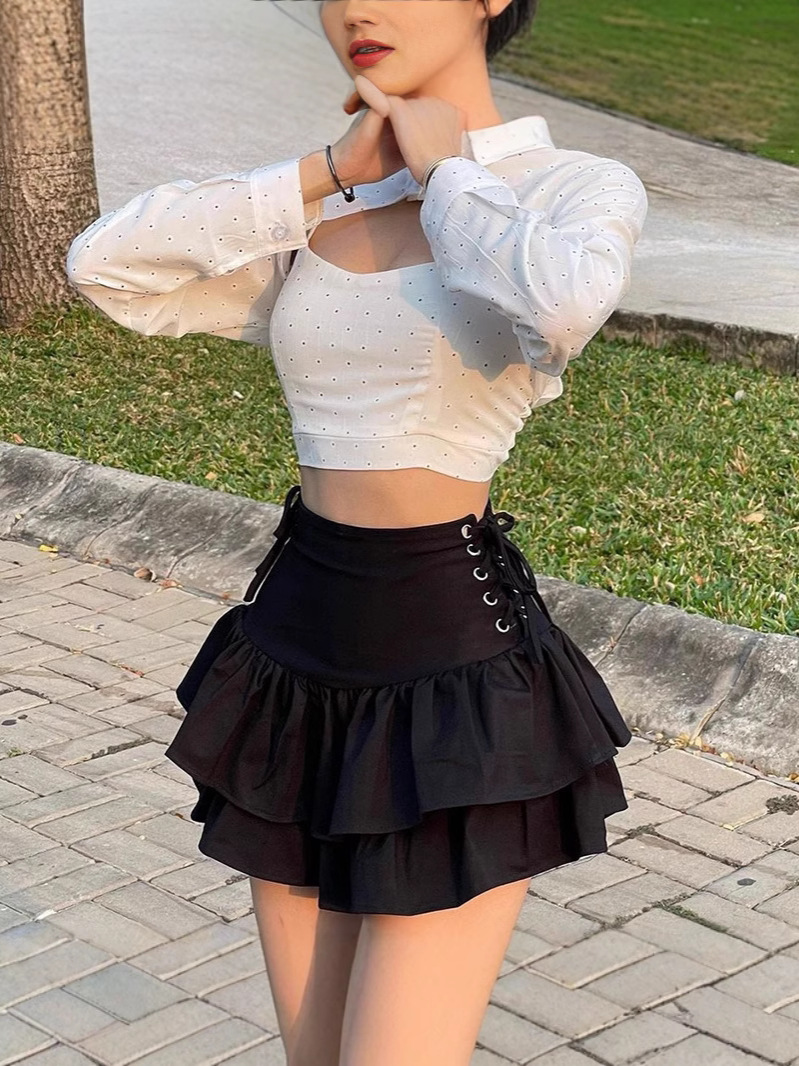 2025 Autumn/Winter New Hot Girl Sexy Slim Fit Side Waist Tie Skirt Women's Fashion High Waist Pleated Puffy Short Skirt