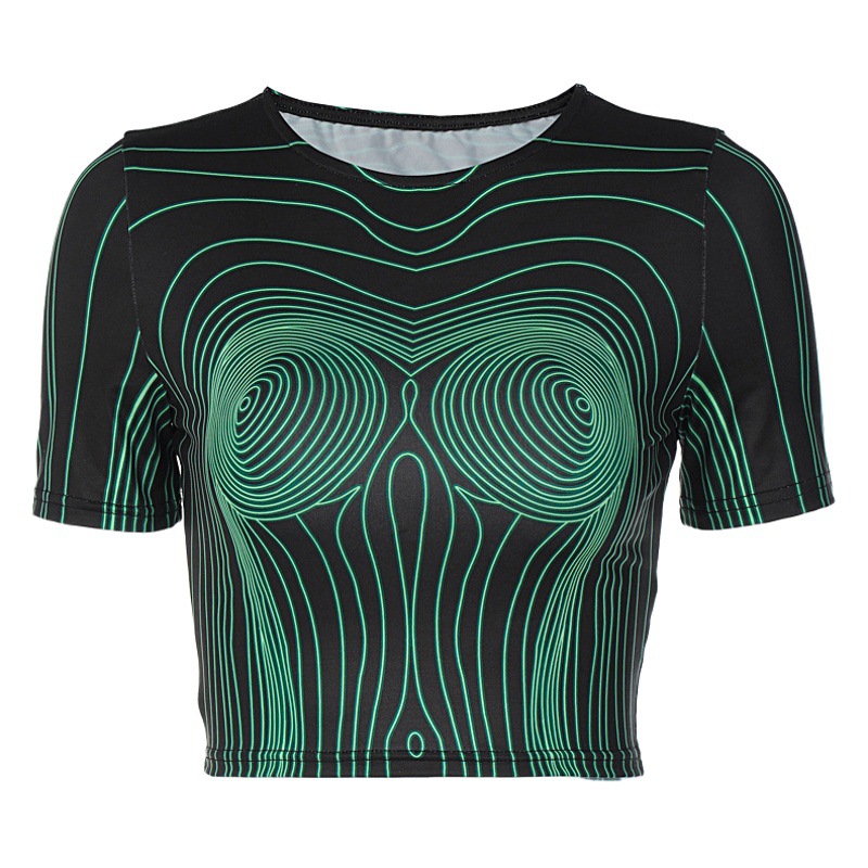 European and American Style Women's Clothing 2024 Spring New Fashion Printed Slim Fit Navel-Baring Round Neck Short-Sleeved Tops for Women Foreign Trade Wholesale