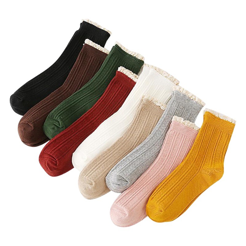 Autumn and winter new socks women's Japanese college style lace socks double needle women's socks in the tube cotton socks wholesale