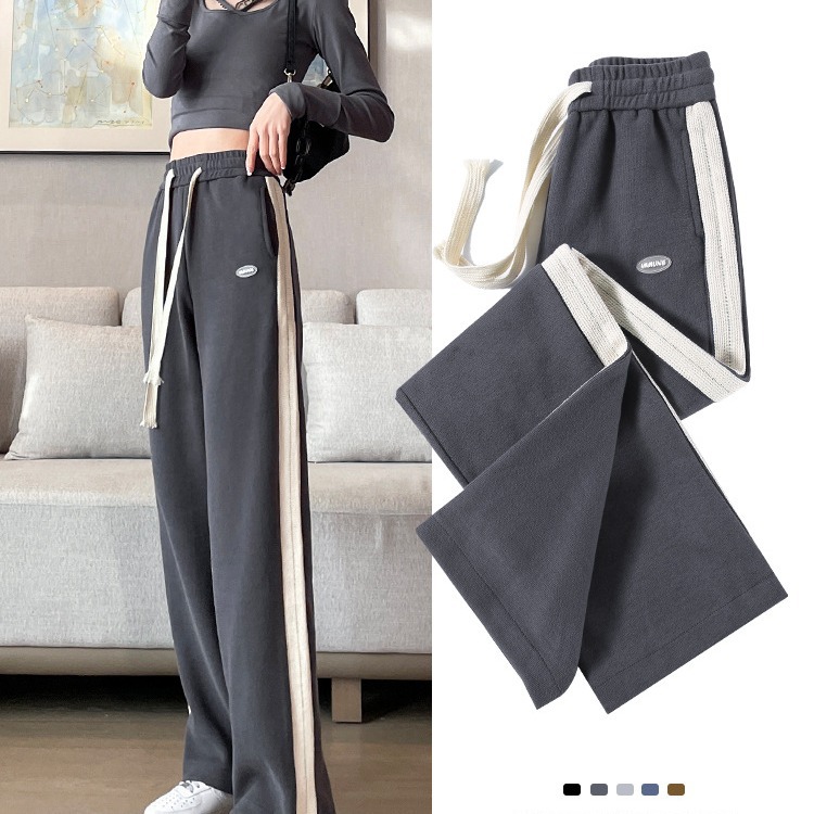 Gray wide-leg sports pants for women Spring and Autumn 2023 new high waist draping straight autumn and winter fleece-lined casual sweatpants
