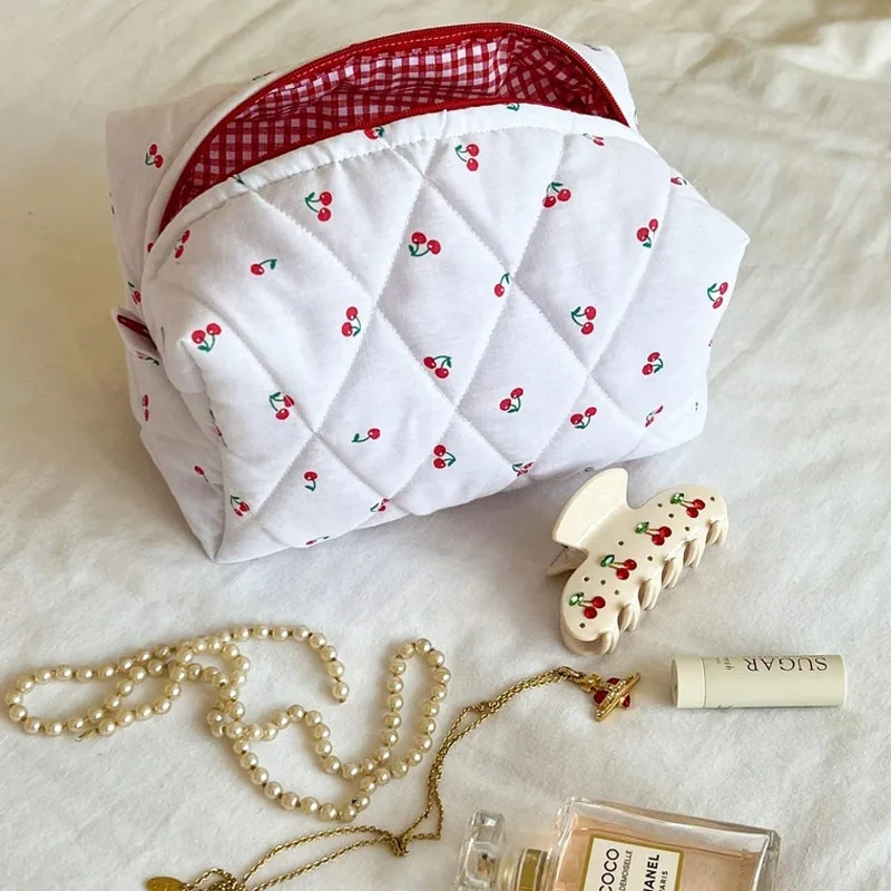 Picture of Sweet Cherry Printed Cosmetic Bag Plaid Fabric Macaron Color Makeup Bag Girl's Toiletries Storage Bag