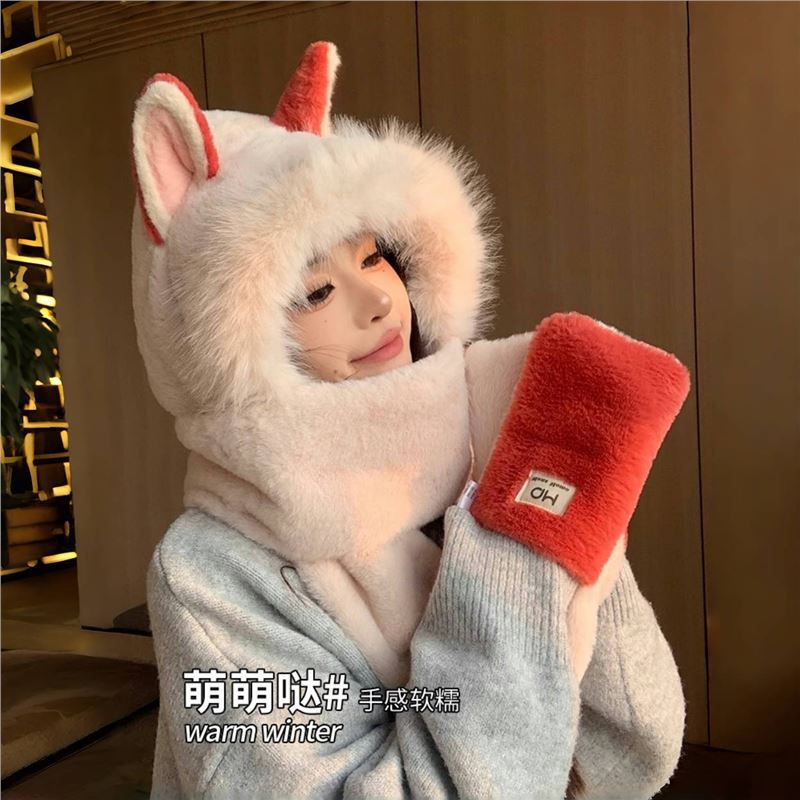 Picture of Winter New Fire Fox Plush Hat Scarf Women's Gloves One Three-piece Set Student Cold-proof Warm Thickened