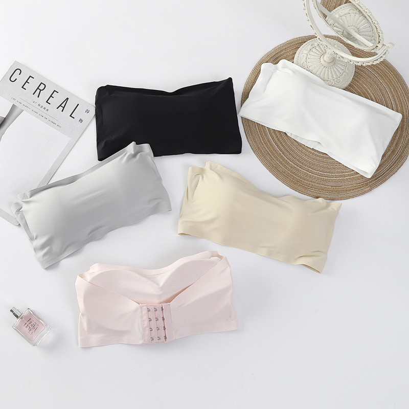 Women's Sexy Strapless Ice Silk Underwear Women's Sexy Strapless Back-Wrapped Chest One-Button Buckle Sports All-Match Girls' Bra