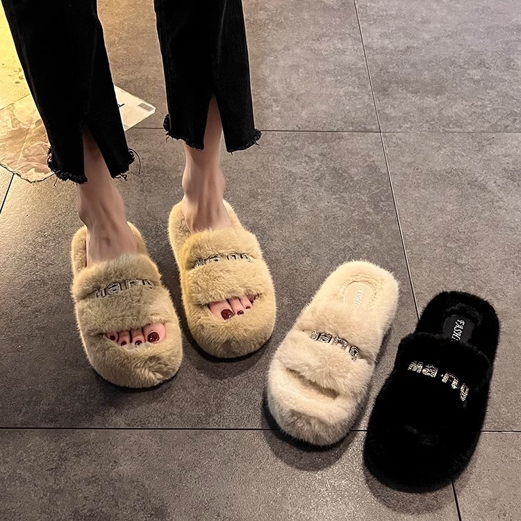Internet Celebrated High-end All-match Mao Mao Slippers Women's Autumn and Winter 2024 New Style Outer Wear Thick Bottom Heightened Cotton Slippers