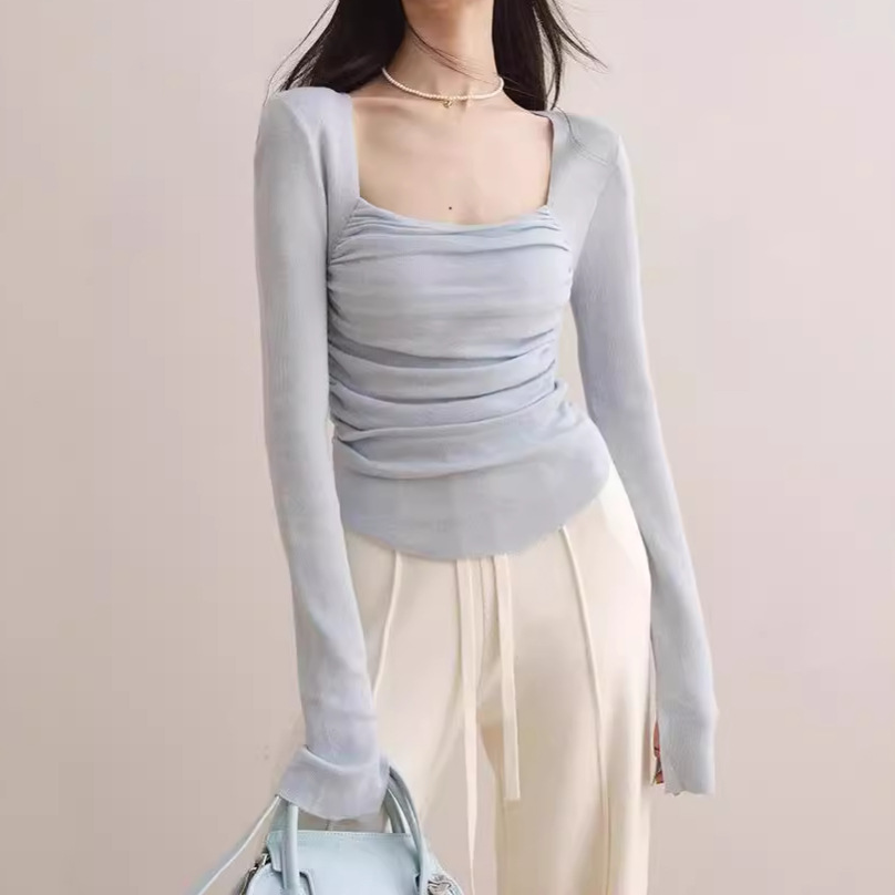 Square Collar Pleated Knitted Base Shirt Autumn and Winter Korean Style High-end Unique Unique Sweater Design Sense Inner Top