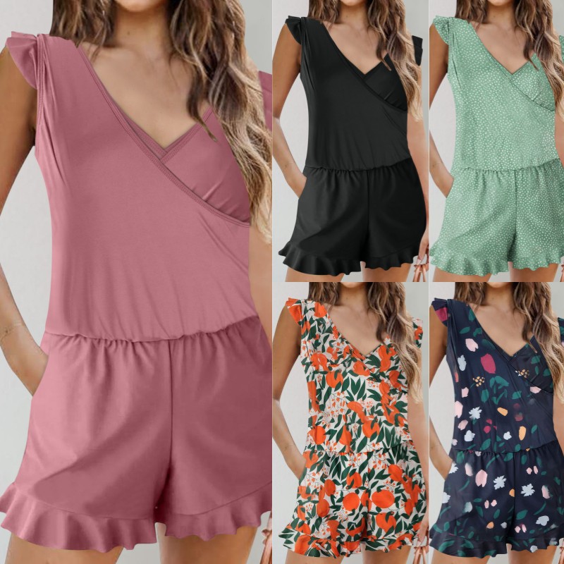 2024 New European and American Cross-border Solid Color Printed Bikini V-neck Ruffled Slim-fit Fashionable One-piece Swimsuit for Women