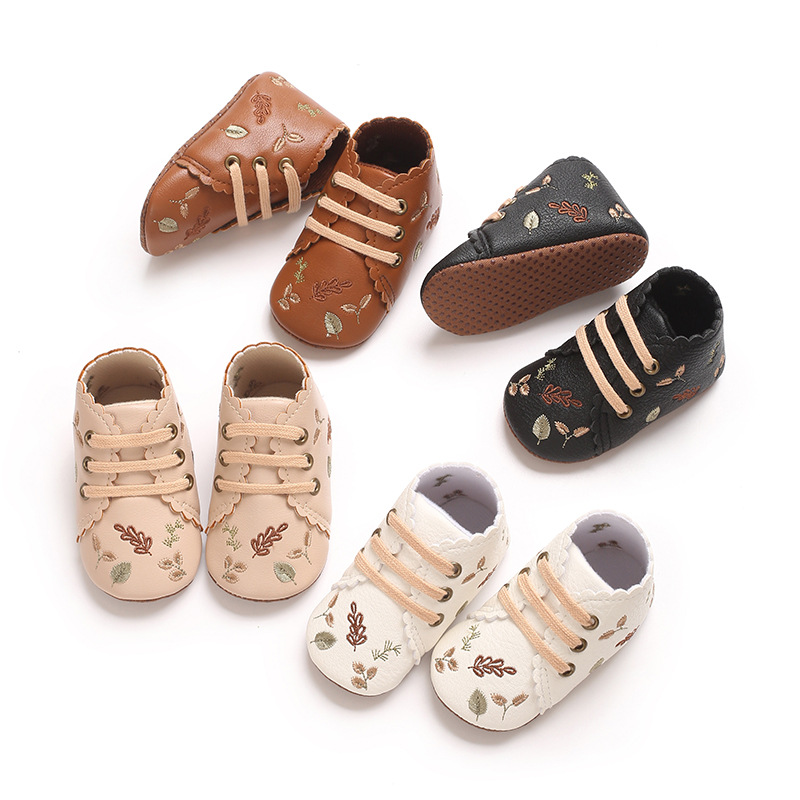 0-1 year old baby spring and autumn lace-up flat shoes upper PU printed soft bottom toddler shoes