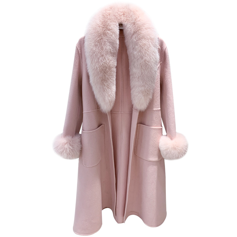 Picture of Australian wool double-sided cashmere three-dimensional skirt fox fur collar mid-length slim-fit princess pink woolen coat all-match