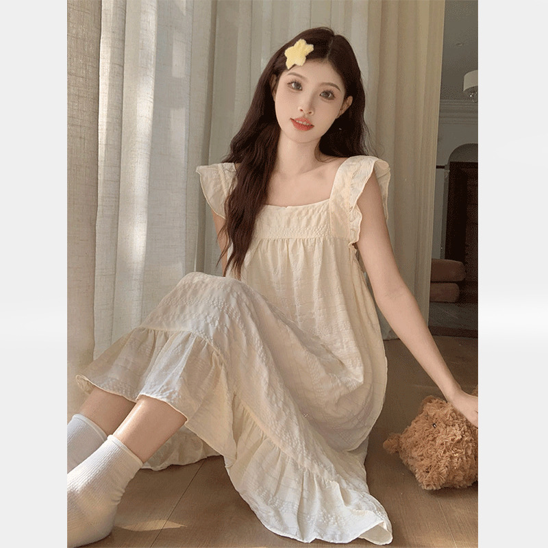 Women's Summer Thin Pajamas with Chest Pad Sling Nightgown Cloud Cotton Small Flying Sleeve Nightgown Sweet Home Clothes Internet Popular