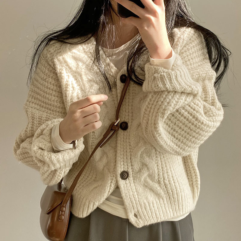 Foreign Trade South Korea Chic Autumn Lazy Style V-Neck Bubble Sleeve Pattern Loose Knitted Cardigan Sweater Coat Female Adult