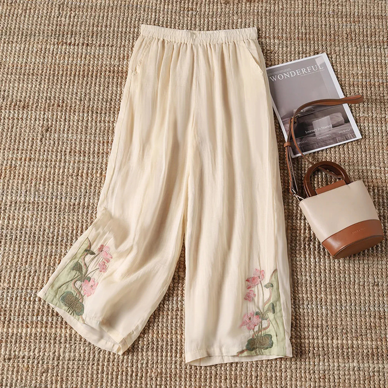 Women's Clothing Chinese Casual Wide Leg Pants Summer National Style Vintage Color-block Embroidery Breathable High Waist Slimming Casual Pants Trousers