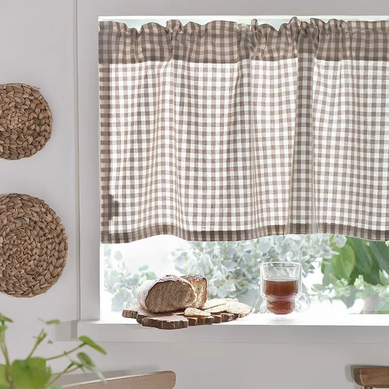 Cross-border Plaid Cotton Linen Light Plaid Decorative Half Curtain Cabinet Dirt Room Ugly Covering Curtain Door Curtain Hanging Curtain Punch-free