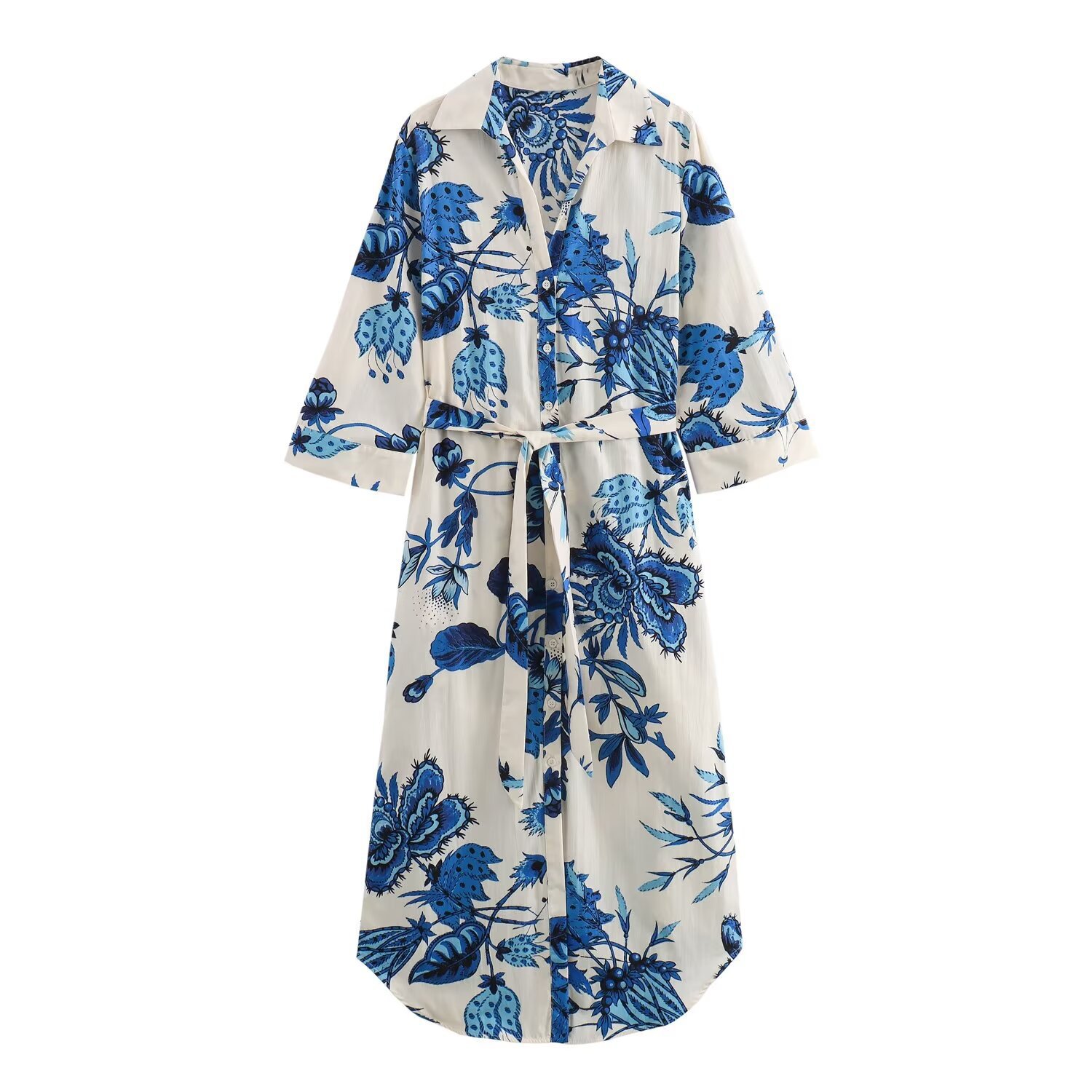 Cross-border European and American Women's 2024 Summer Lapel Elegant Loose Long Dress with Belt Shirt dress Women F610