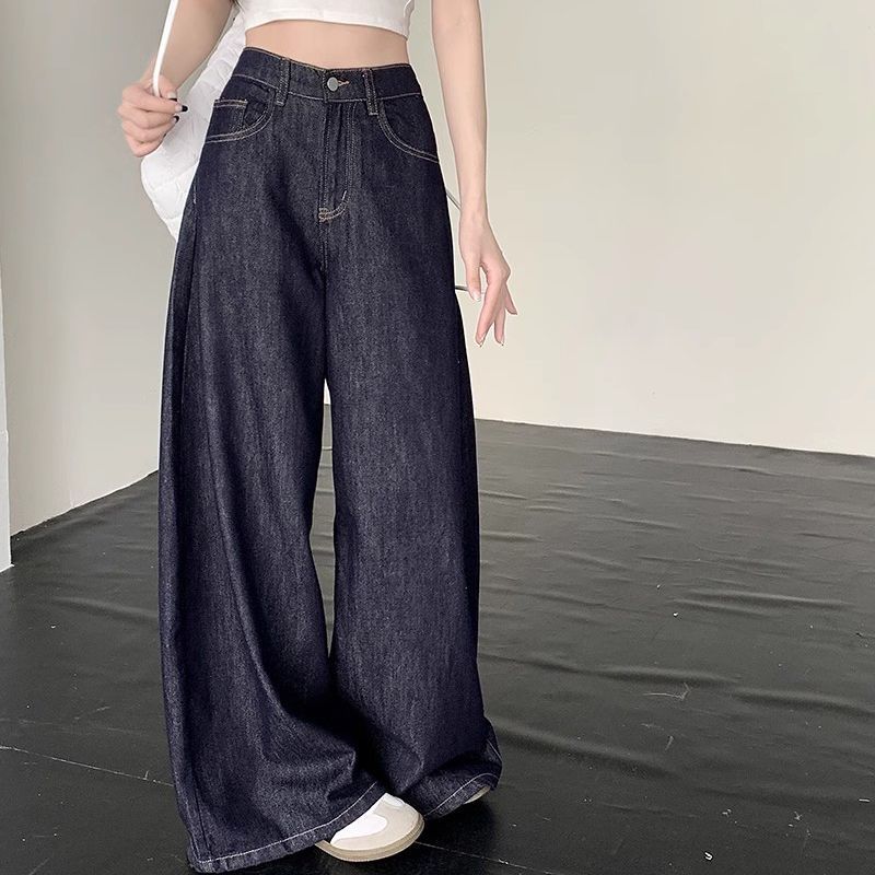 Vintage dark blue Casual Trousers Women's Loose High Waist Slim Look Small Straight Pants Wide Leg Jeans