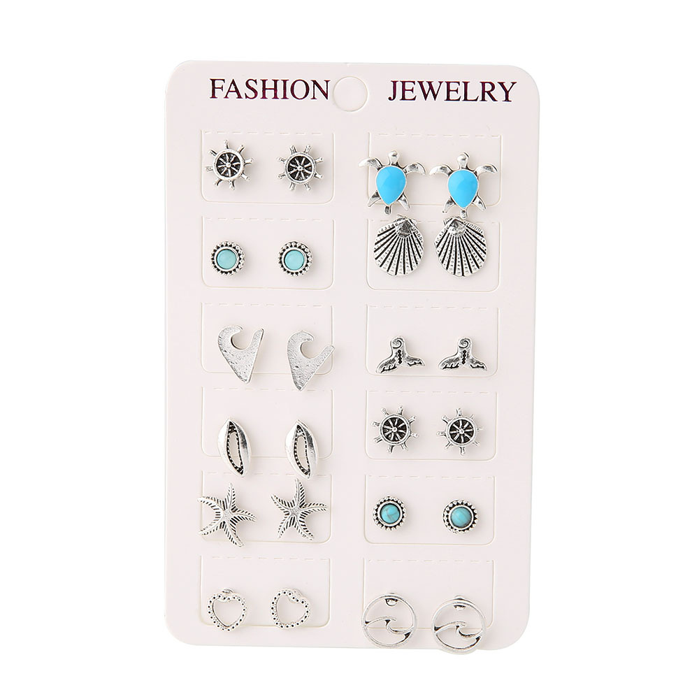 Picture of Europe and the United States cross-border new jewelry simple dripping turtle stars wave shell turquoise 12 pairs of set earrings wholesale