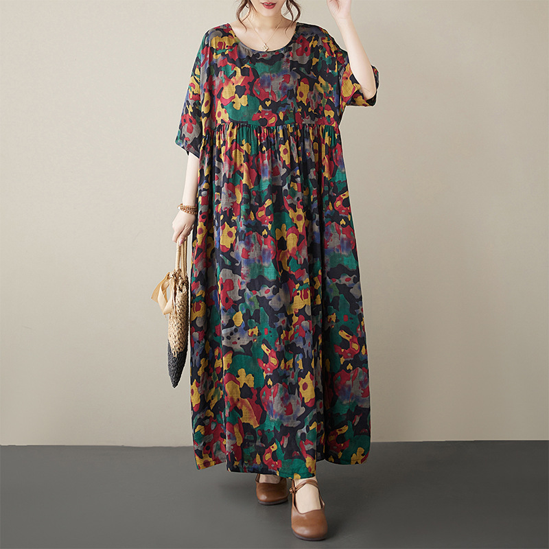 Retro Pastoral Style 2024 Summer New Artistic plus size Fat Loose Middle-aged and Elderly Mother Dress Foreign Trade dress Women