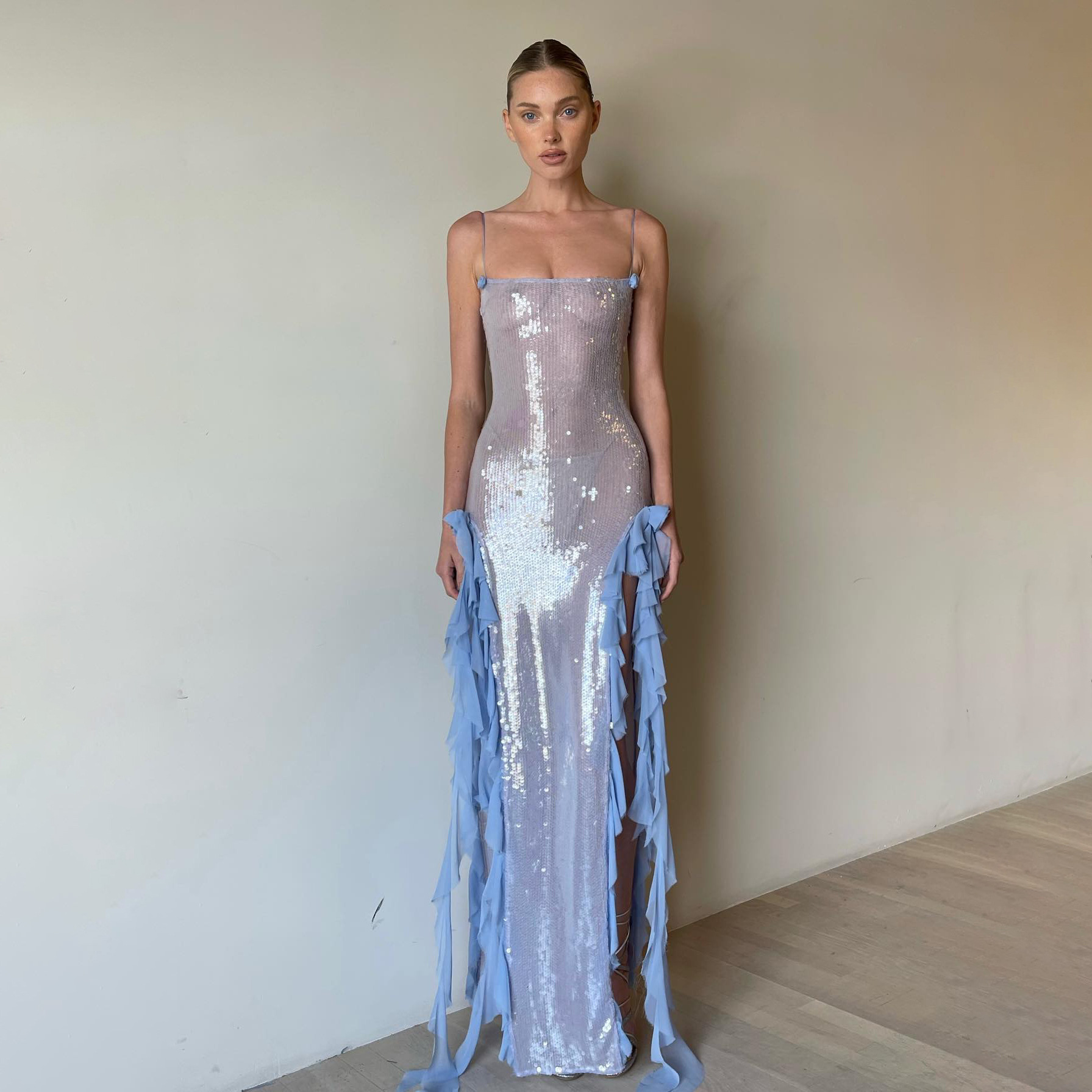 Cross-border evening dress European and American sexy see-through dress sequined wooden ear dress three-dimensional flower frayed suspender dress