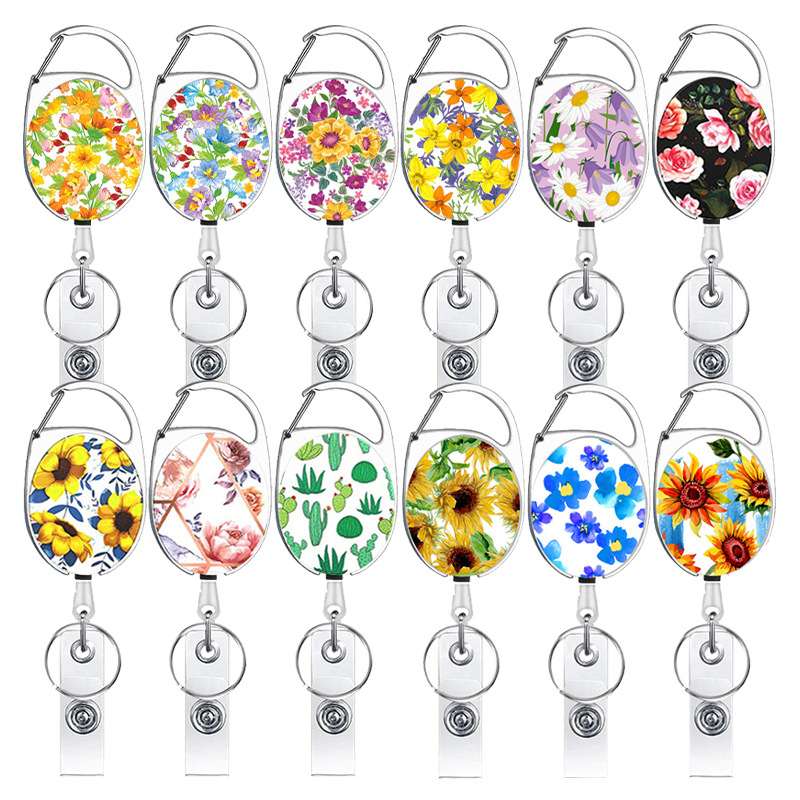 White zinc alloy UV printing yellow floral easy pull-up buckle purple flower easy pull-up retractable badge reel