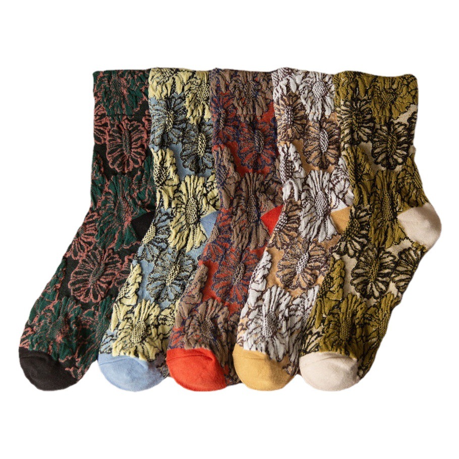 Spring and Autumn New Ethnic Style Mid-Calf Fashion Retro Floral Stacked Women's Socks Embossed Jacquard Fashion Mid-Calf Cotton Socks