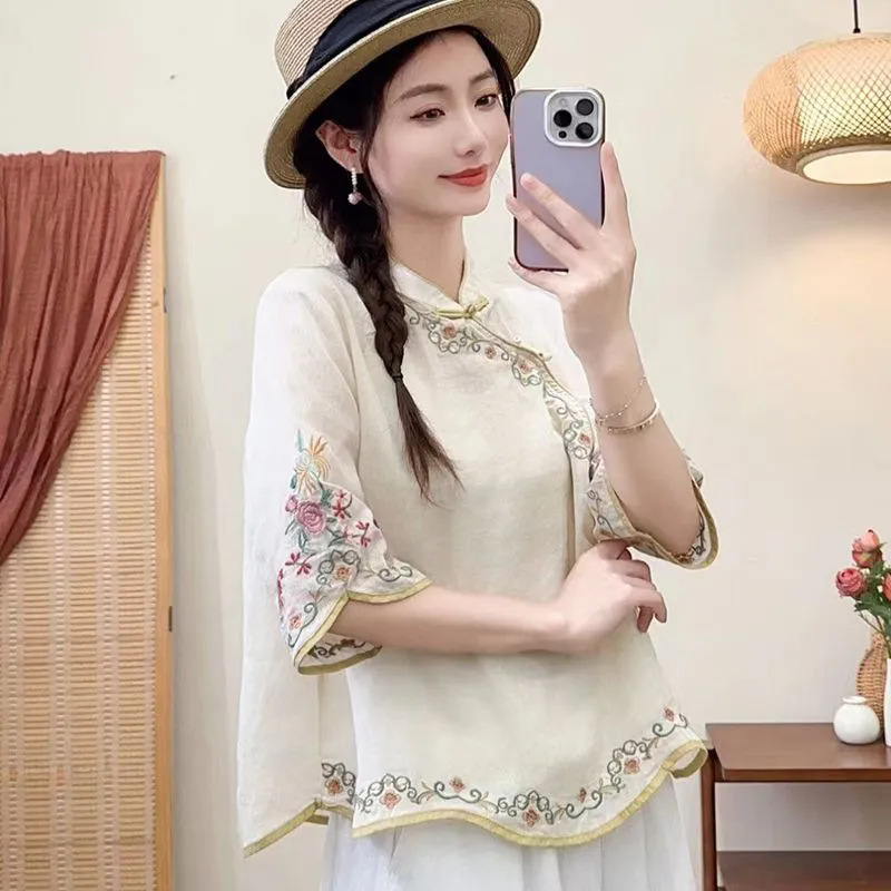 Women's Clothing Chinese Embroidered Cotton and Linen Artistic Retro Style Top with Buckle for Summer and Autumn New Style Oblique Placket Tea Clothes plus size Shirt
