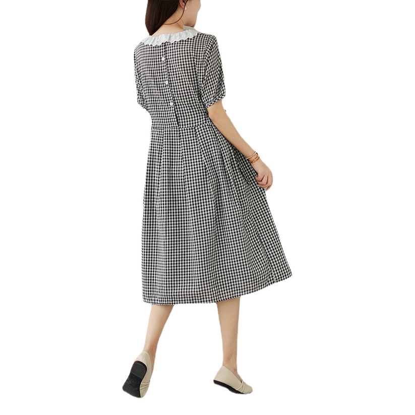 Real Shot 2024 Summer Retro Loose Large Size Women's Lace Plaid Doll Collar Puff Sleeve Tight Waist Dress