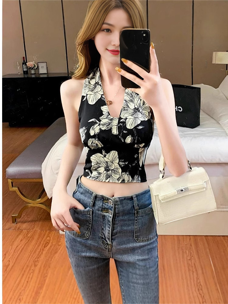 Black Hot Girl Floral Halter Neck Camisole Women's Summer Outerwear Short Slim Fit Navel-Baring Sleeveless Top