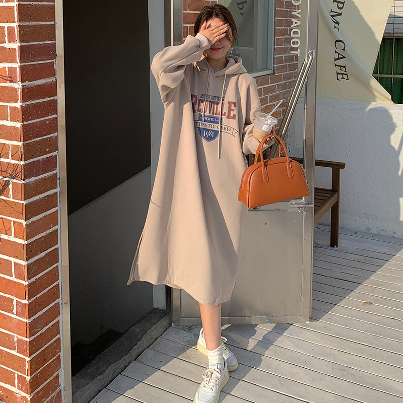 European and American Style Real Shot Women's 2022 Autumn New Loose Thickened Mid-length Split Long Sleeve Sweat dress Women