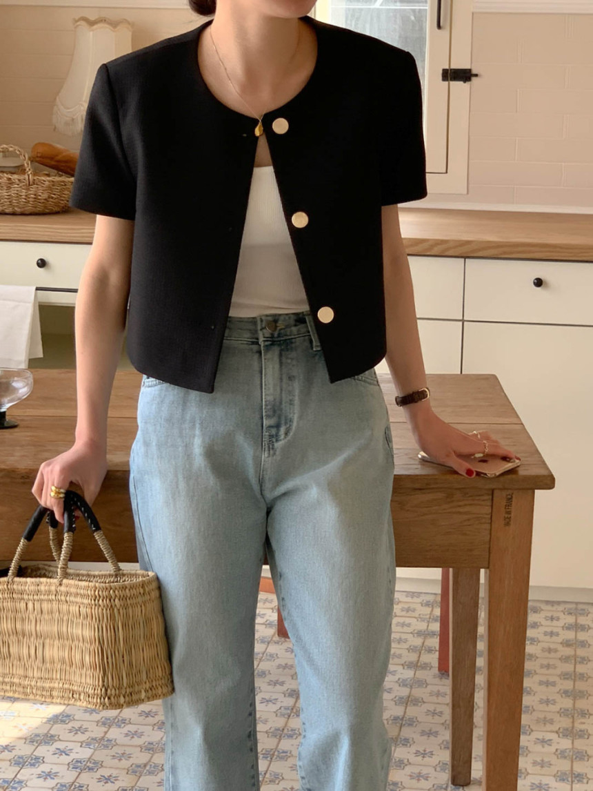 Picture of Korean Chic Summer Small Fragrant Style Round Neck Single-Breasted Casual Versatile Puff Sleeve Short Outwear Women's Small Shawl