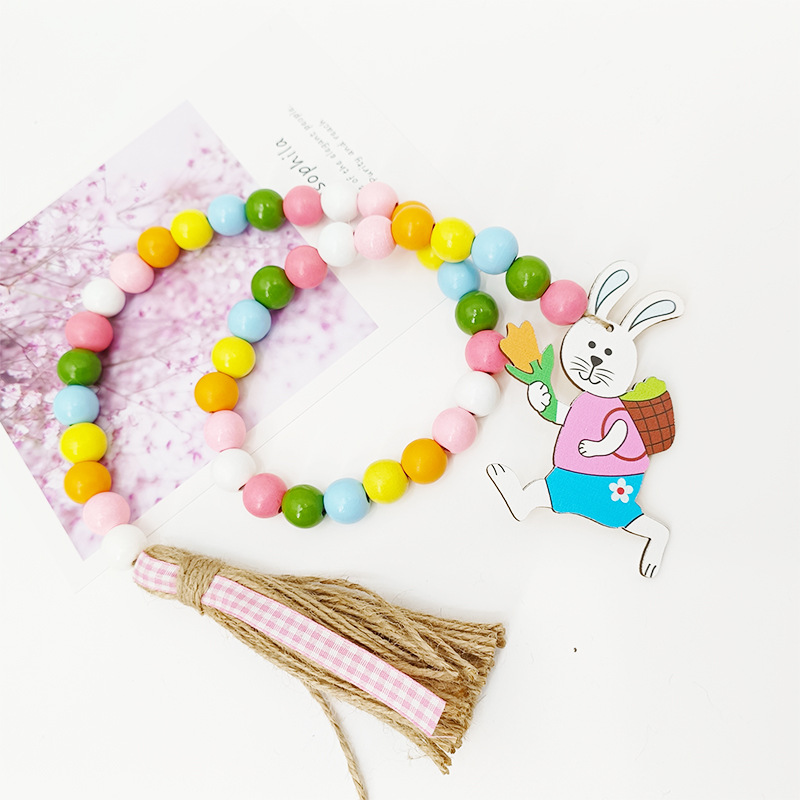 Easter Wood Beads Hemp Rope Beads Easter Bunny Colorful Wood Beads Tassel Hemp Rope with Easter Wood Chip Beads