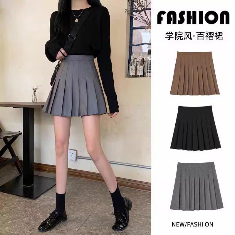 Grey Pleated Skirt Women's 2024 Spring and Summer A- line Skirt Belly Covering Slimming Half-length Skirt Solid Color Retro College Style Skirt