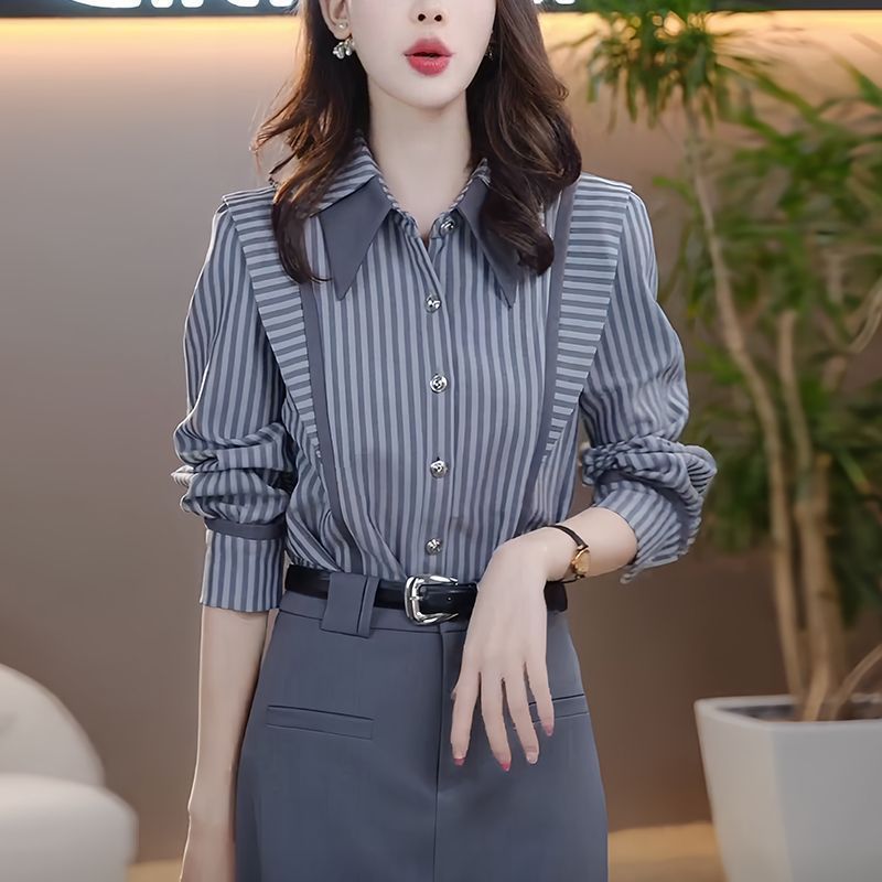 Long-sleeved striped shirt women's 2024 early autumn new fashion age-reducing temperament casual slim design top