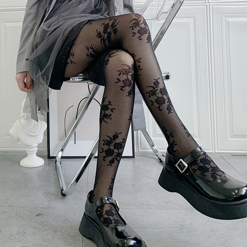 Japanese Sweet Cool Spice Girls Black Milk White Rose Palace Embroidered Pantyhose Silk Stockings Ultra-thin Anti-snag Silk Bottoming Stockings