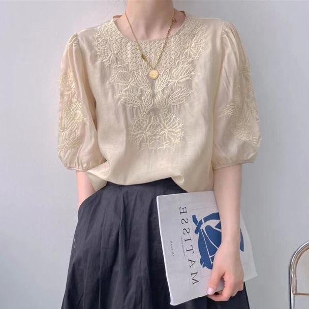 European Station Heavy Industry Embroidered Short-sleeved Shirt Women's 2023 Summer Puff Sleeve Top Western Style