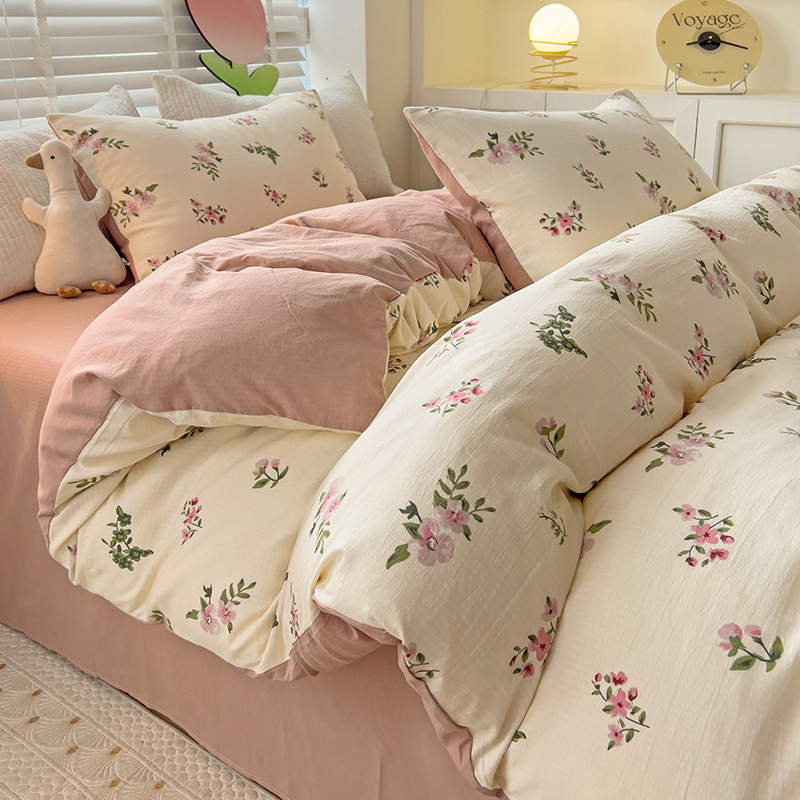Picture of Class A Maternal and Infant Grade Fresh Small Zhu Cotton Four-piece Set Washed Cotton Bed Sheet Quilt Cover Three-piece Set for Student Dormitory