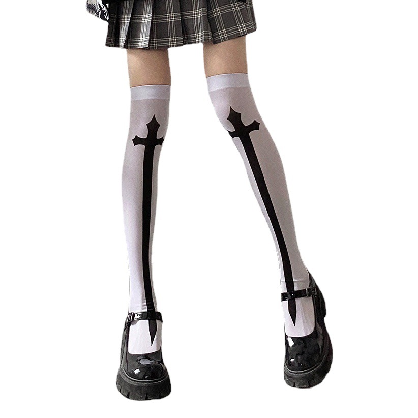 Cross-border New Stocking European and American Halloween Stocking Women's Stocking Cross Over-the-Knee Stocking Skull Print Socks