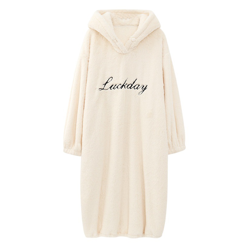 Caini love flannel sleeping skirt girl winter loose plus size hooded coral fleece nightgown warm homewear