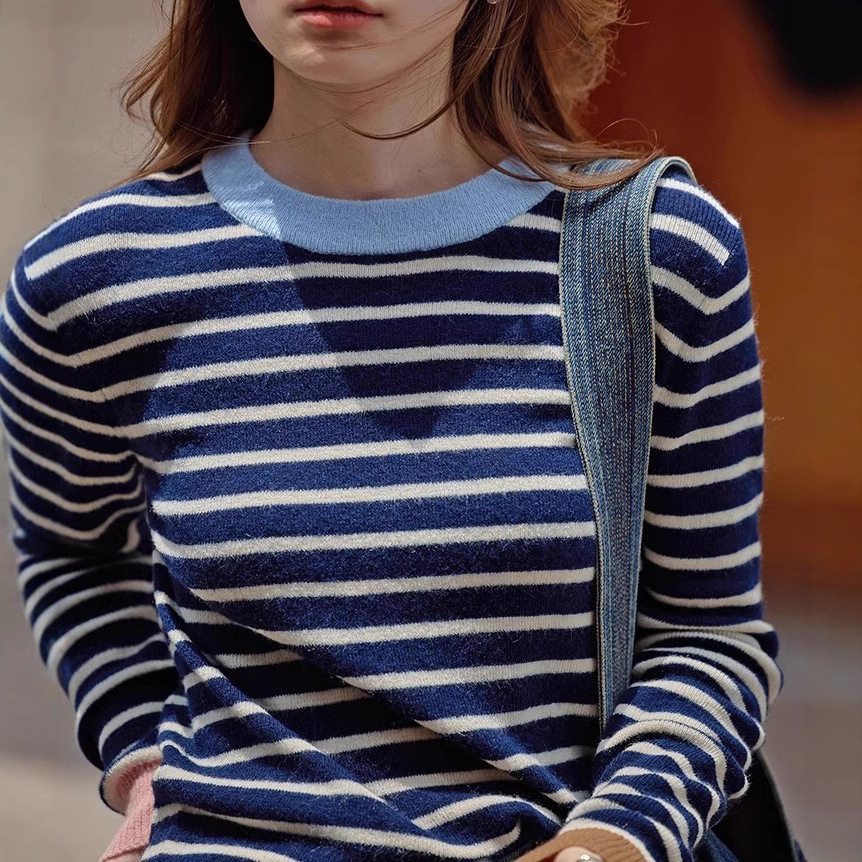 Picture of 1313 Chic Blue Striped Merino Wool Alpaca Base Sweater Soft Waxy Sweater