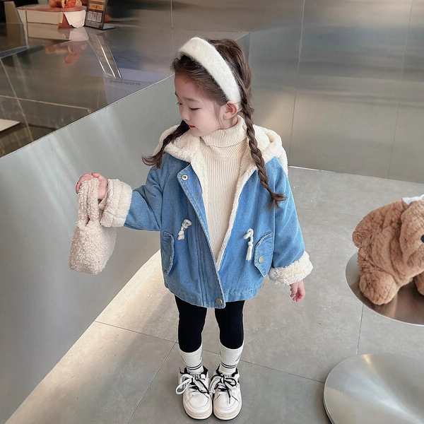 Picture of Korean Children's Winter New Girl Rabbit Ears fleece-lined Thickened Denim Coat Baby Imitation Rabbit Hair Warm Clothes