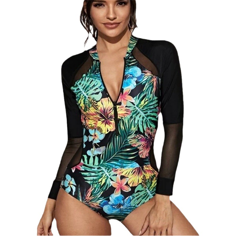 Europe and the United States cross-border new women's one-piece swimsuit printed mesh stitching long sleeve zipper sexy AliExpress swimsuit