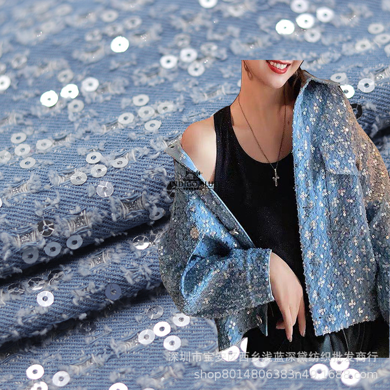 Picture of Embroidered Sequins Elasticless Cotton Embroidered Wash Denim Jacket Jeans Fabric