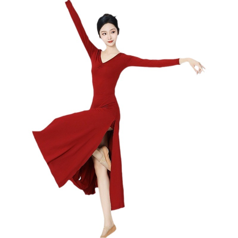 Stretch Slim-fit modern ballet costume long skirt classical dance practice clothes solid color slit dress dance skirt