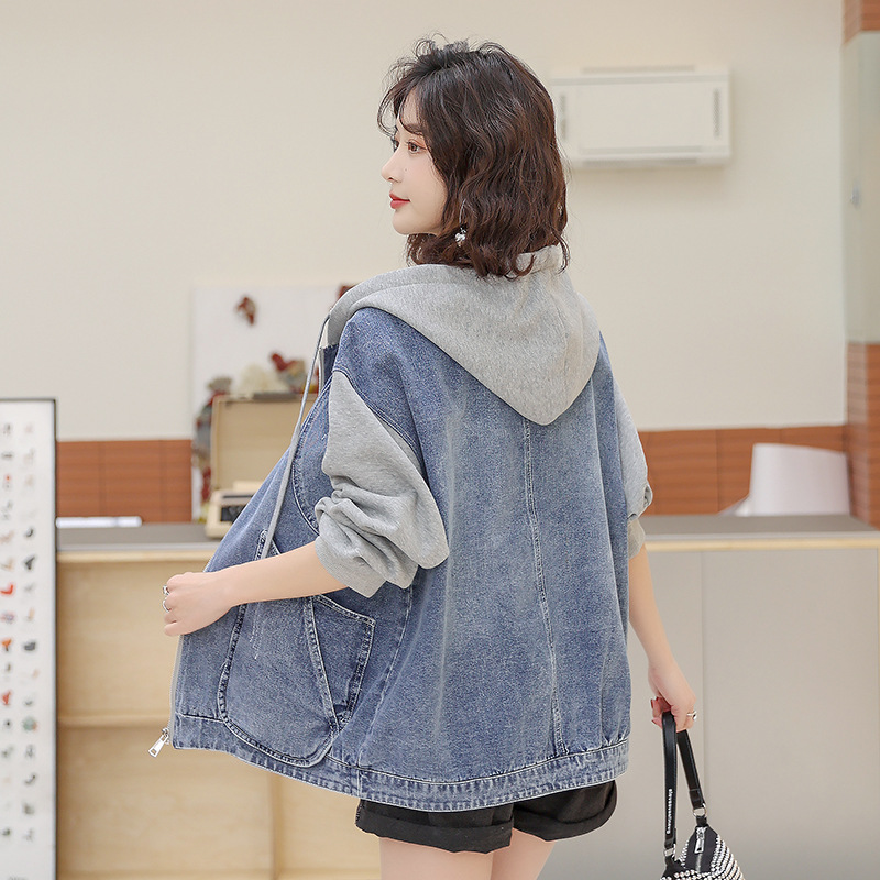 Picture of Hooded Denim Jacket for Women 2025 Spring & Fall New Style Splicing Loose Large Size Short Zipper Spring Top for Small People
