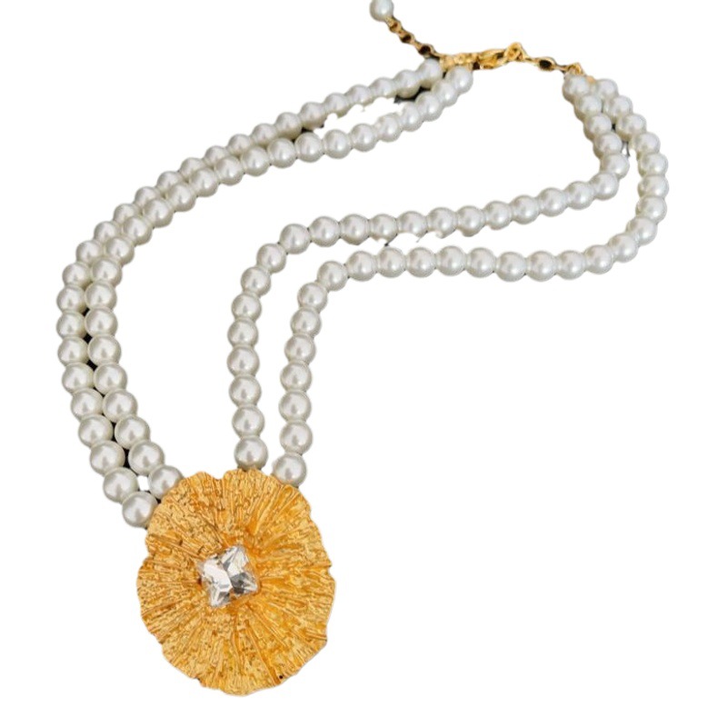 Antique vintag Plated 24K Metal Wind Zircon Large Pearl Necklace Exaggerated Retro Strenuous Chain Set Jewelry