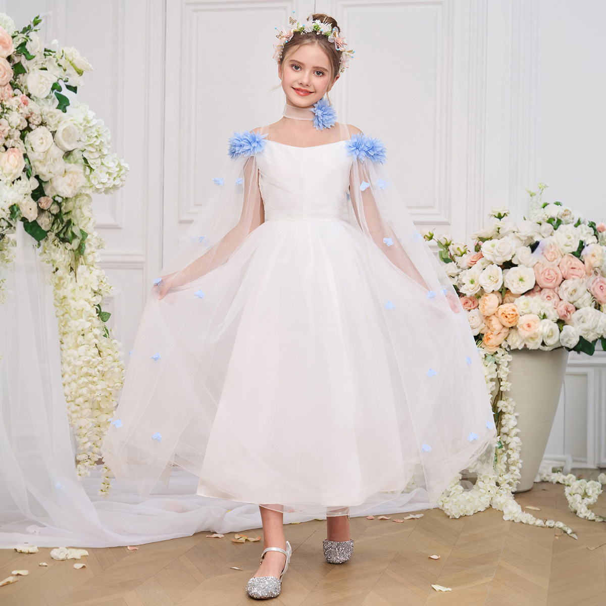 Factory wholesale large children's dress dress three-dimensional flower mesh shawl puffy dress model catwalk evening dress