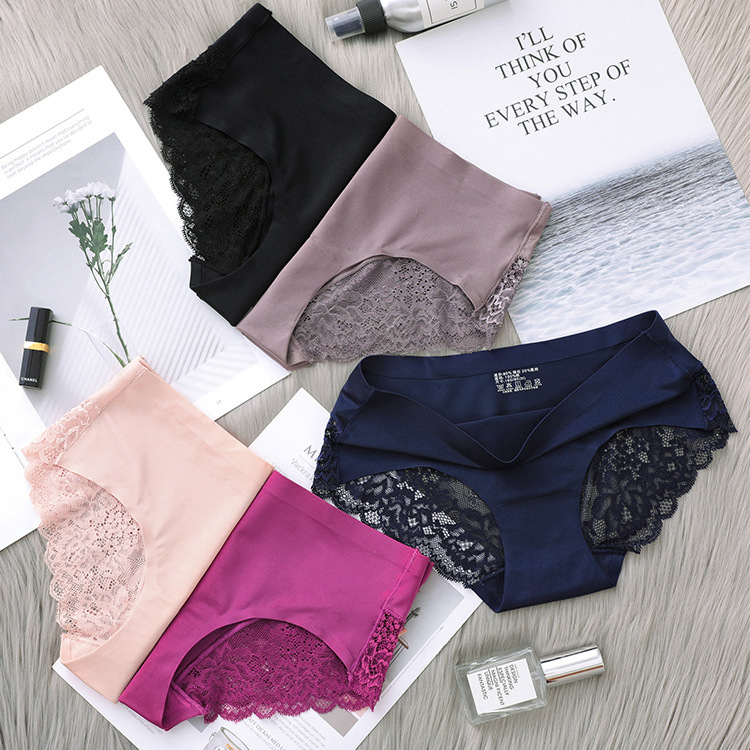 high quality Sexy Lace One-piece Non-marking Ice Silk Underwear Women's Mid-waist Cotton Crotch plus size Thin Breathable Underwear
