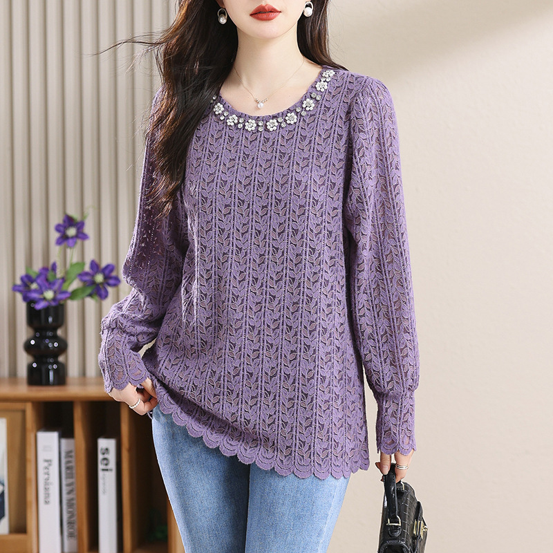 Picture of Plus Size Women's Autum New Fat mm Diamond Lace Shirt, Stylish Round Neck Long-Sleeved Bottoming Top