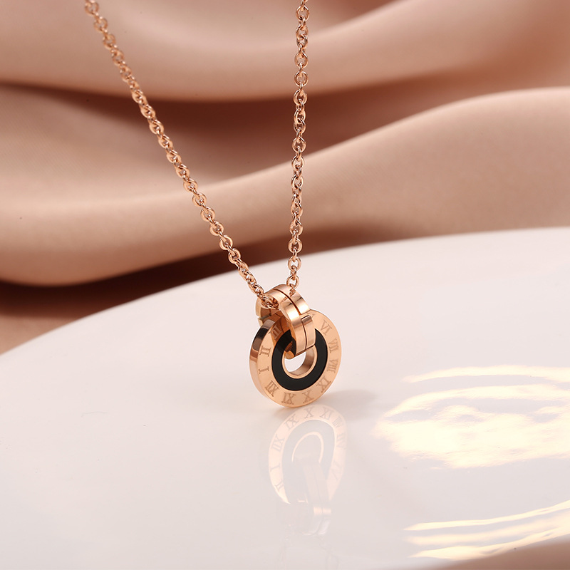 Picture of European and American Hot Double Ring Roman Numeral Ring Pendant Stainless Steel Rose Gold Couple Necklace Simple Elegant Trendy Jewelry